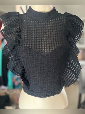 Mauve Black Sheer Grid Ruffle Sleeve Camisole
